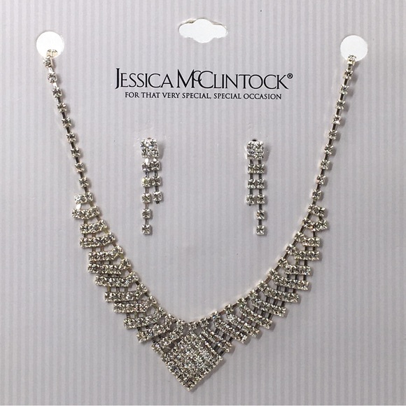 Jessica McClintock, Rhinestone Necklace And Earring Set, Silver, Studs, NOC - Picture 6 of 7
